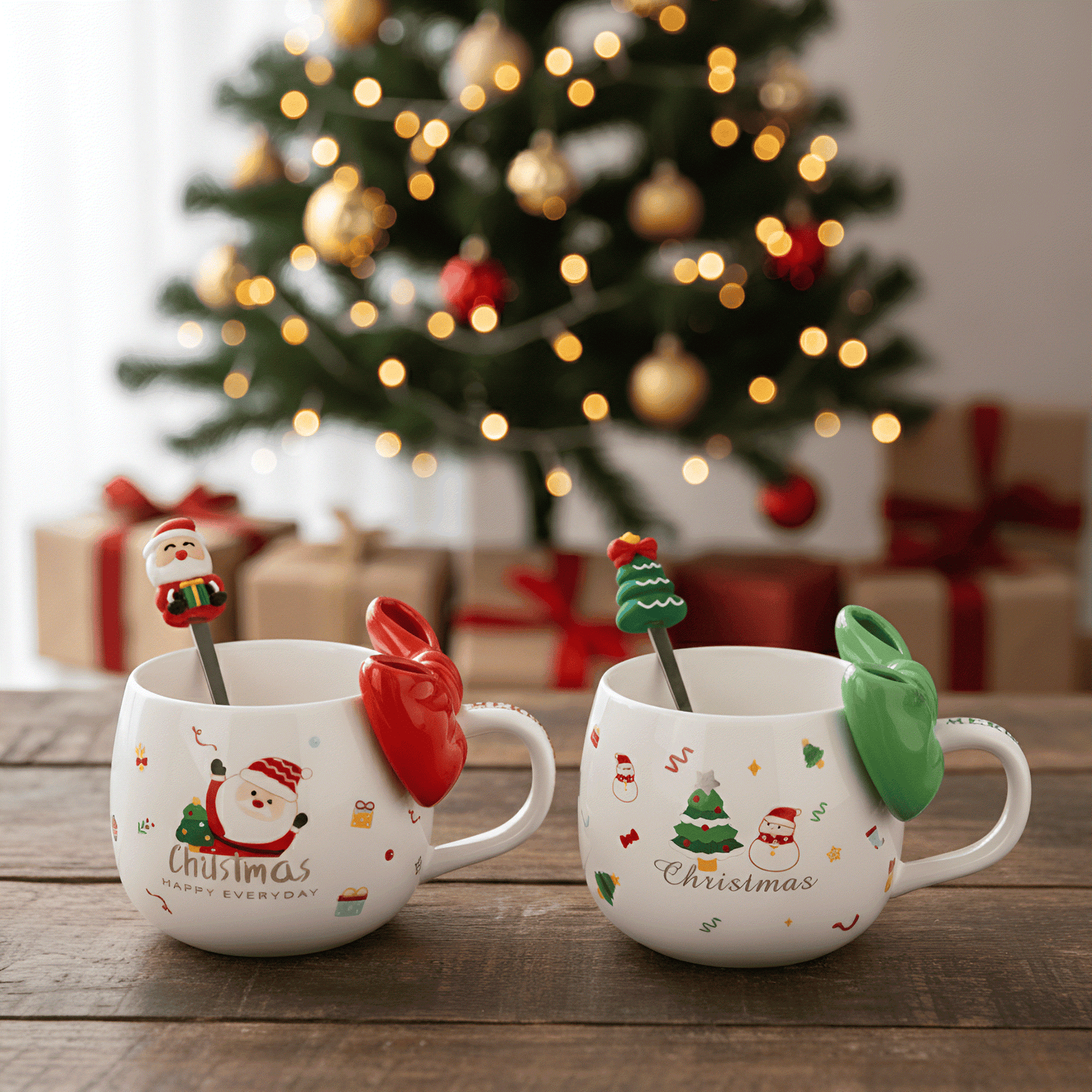 Kubek świąteczny z kokardą - zestaw z łyżeczką w pudełku