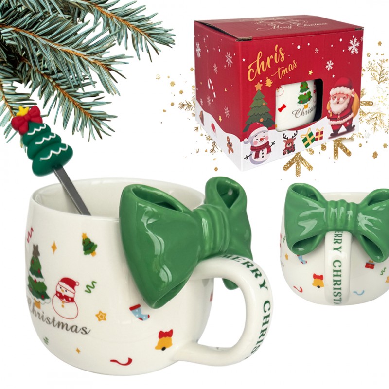 Kubek świąteczny z kokardą - zestaw z łyżeczką w pudełku