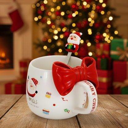 Kubek świąteczny z kokardą - zestaw z łyżeczką w pudełku