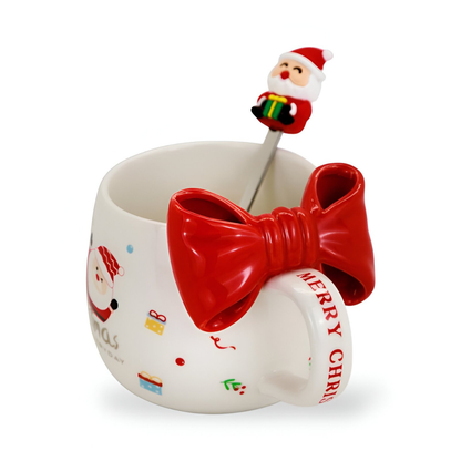 Kubek świąteczny z kokardą - zestaw z łyżeczką w pudełku