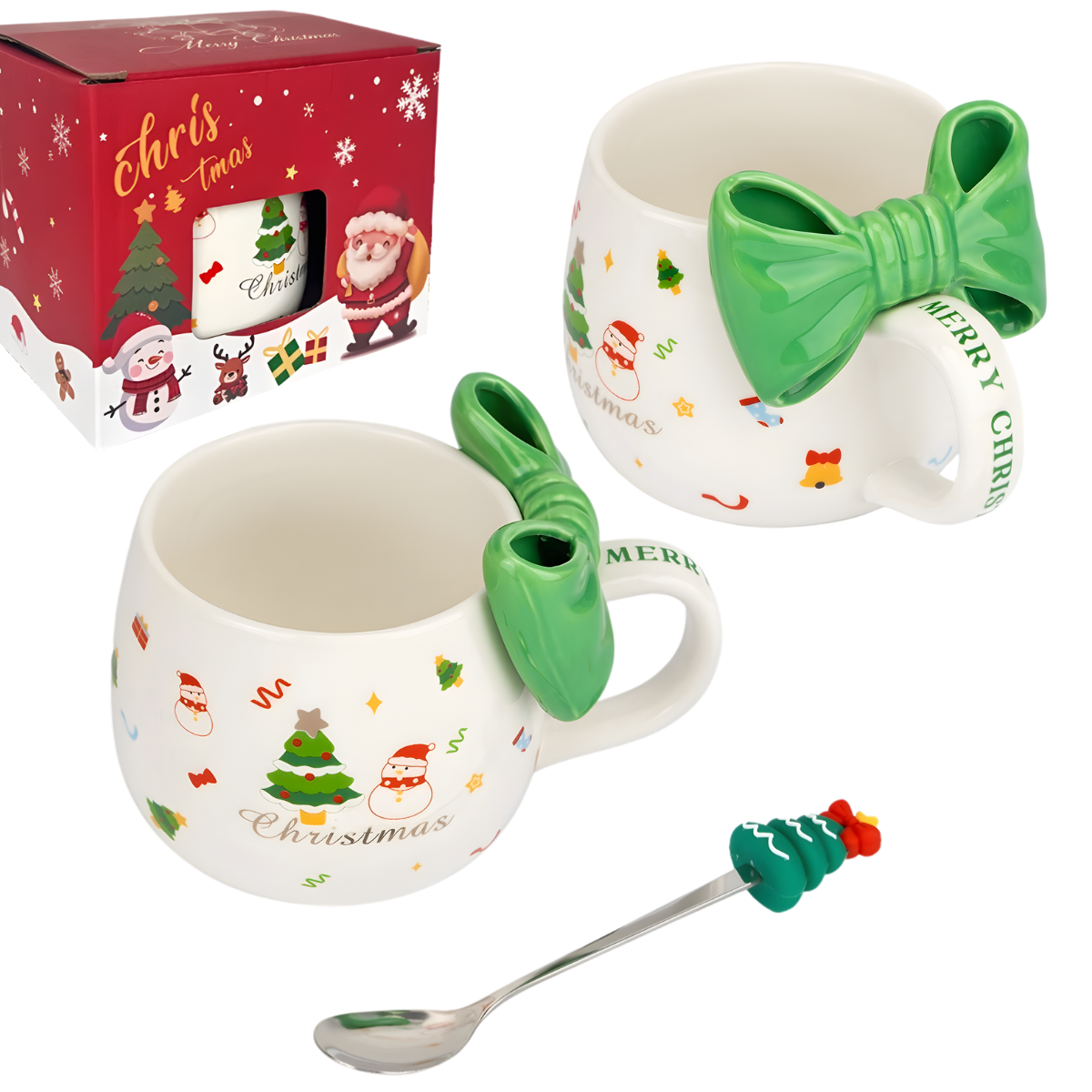Kubek świąteczny z kokardą - zestaw z łyżeczką w pudełku