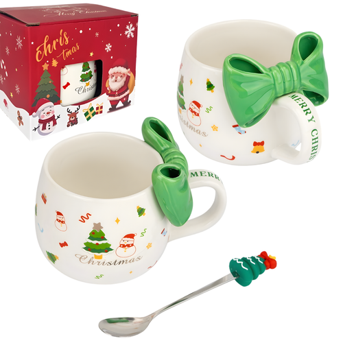 Kubek świąteczny z kokardą - zestaw z łyżeczką w pudełku
