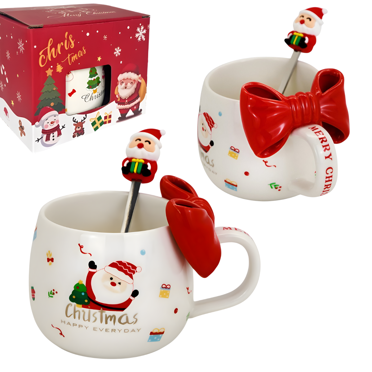 Kubek świąteczny z kokardą - zestaw z łyżeczką w pudełku