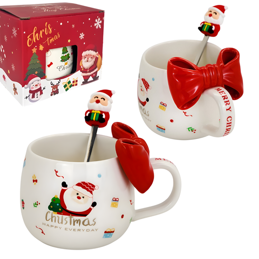 Kubek świąteczny z kokardą - zestaw z łyżeczką w pudełku