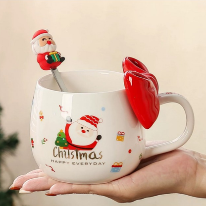 Kubek świąteczny z kokardą - zestaw z łyżeczką w pudełku