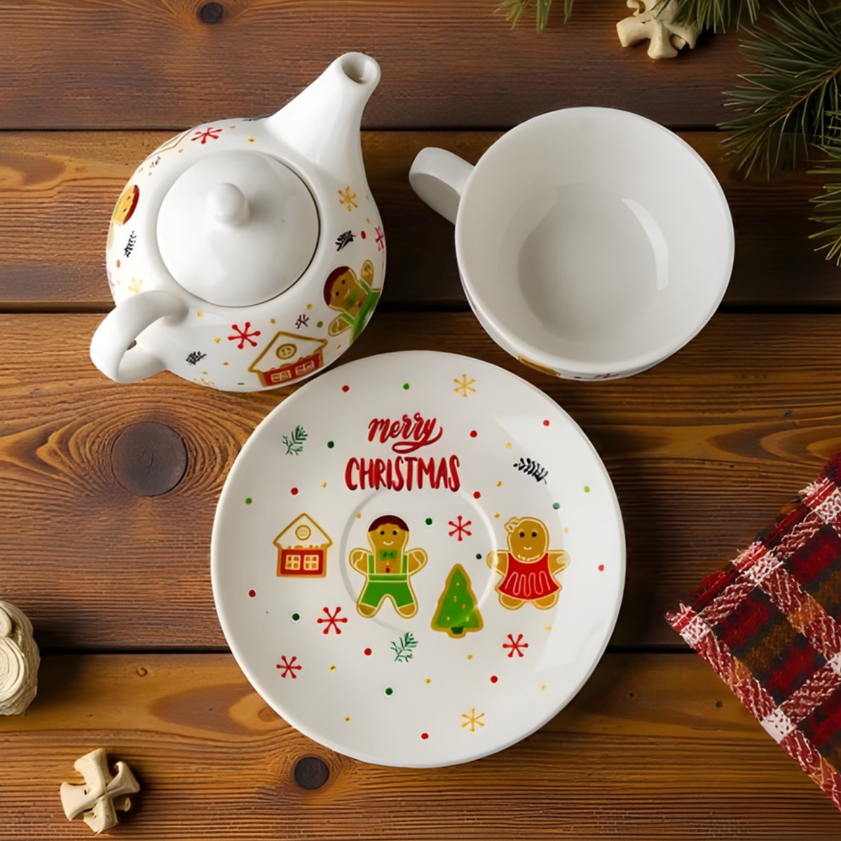 Zestaw świąteczny dzbanek z filiżanką i talerzykiem